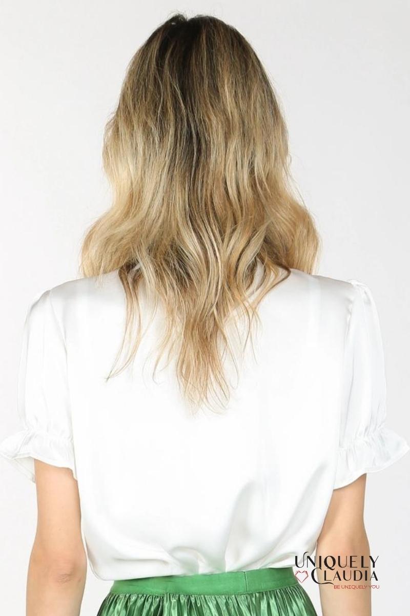 Desiree Front Ruffle & Rose Accent Satin Blouse | Uniquely Claudia Boutique