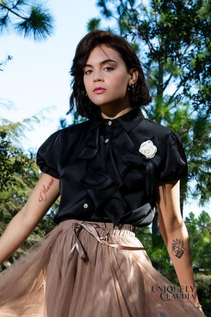Desiree Front Ruffle & Rose Accent Satin Blouse | Uniquely Claudia Boutique