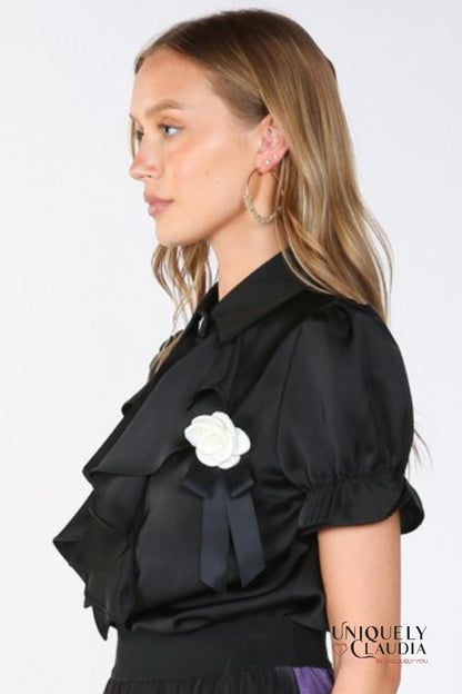 Desiree Front Ruffle & Rose Accent Satin Blouse | Uniquely Claudia Boutique