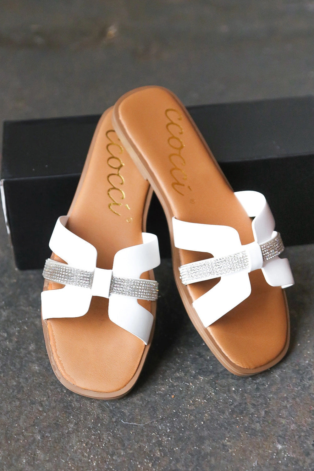 White &  Rhinestones Slide Sandals | Uniquely Claudia Boutique 