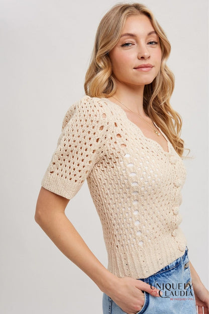 Hazel Crochet Button Down V-Neck Top | Uniquely Claudia Boutique