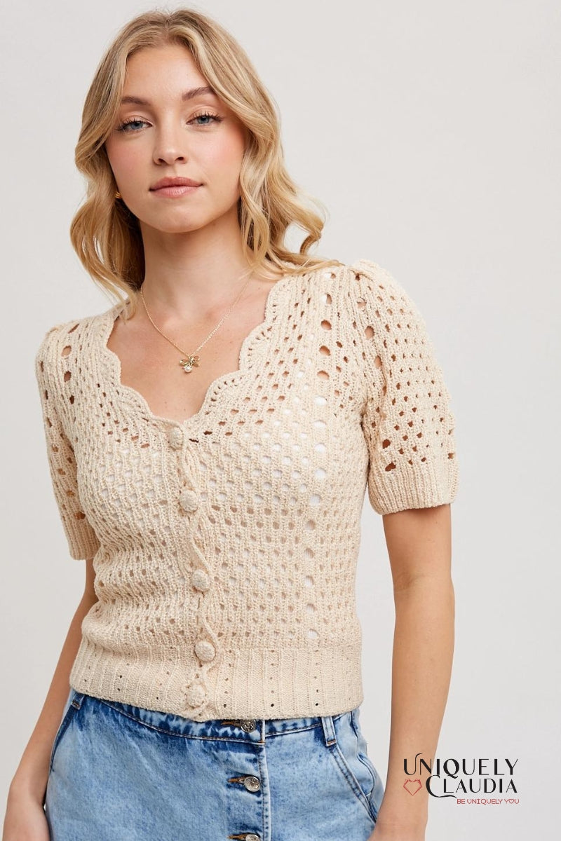 Hazel Crochet Button Down V-Neck Top | Uniquely Claudia Boutique