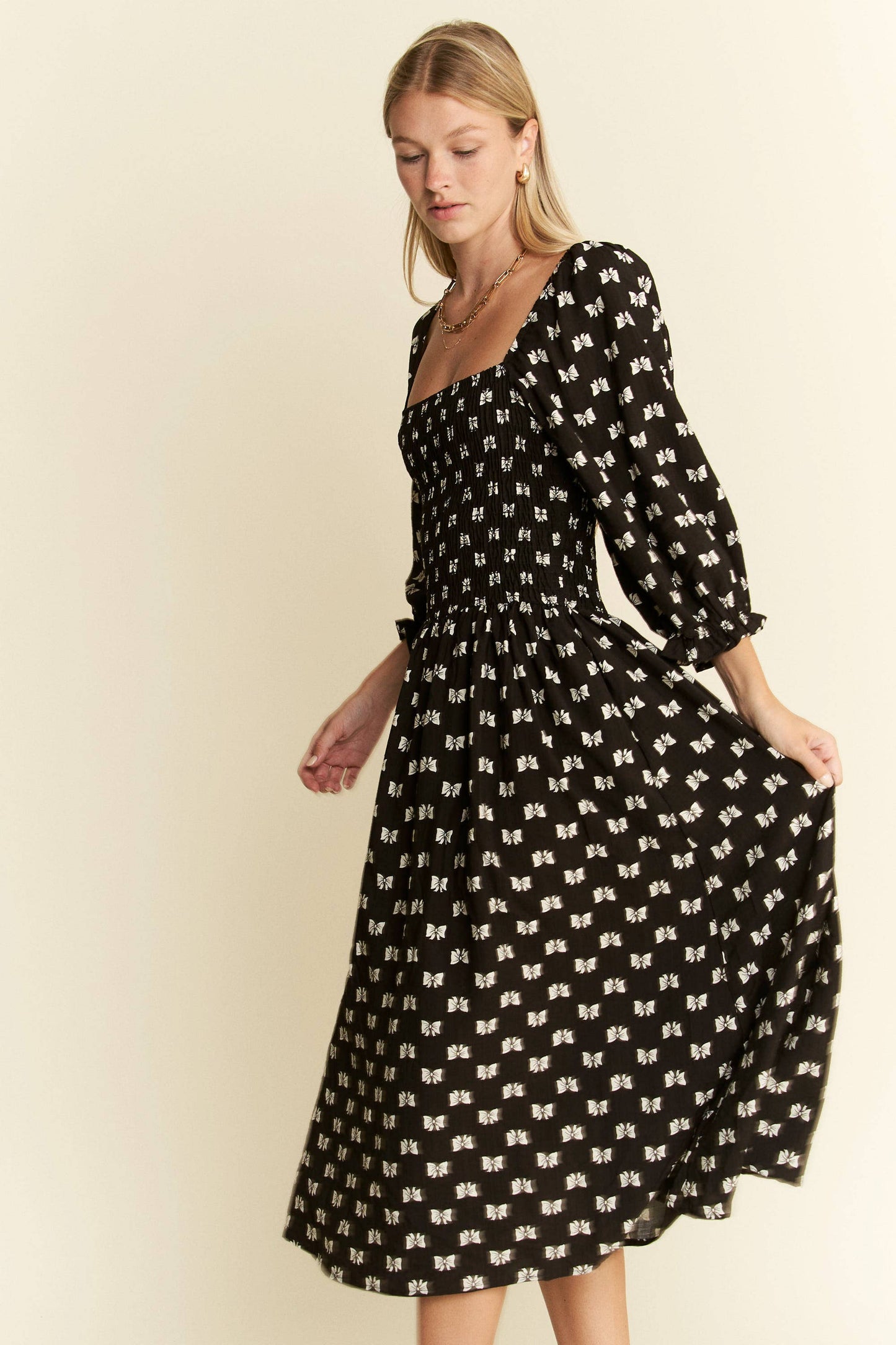 Paloma Ribbon Print Puff Sleeve Midi Dress - Uniquely Claudia Boutique