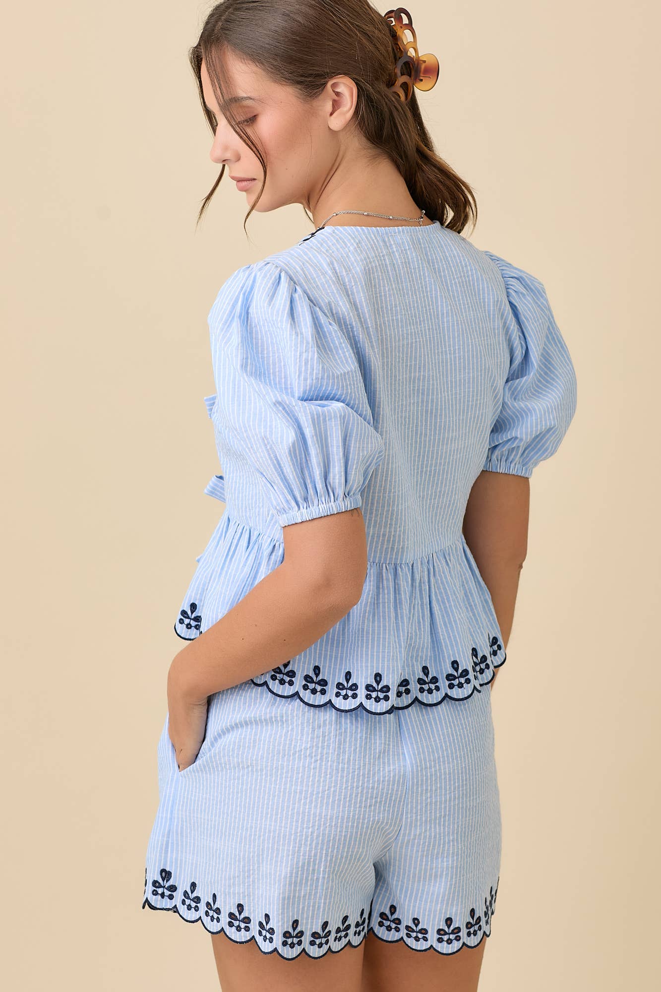 Deena V-neck Peplum Blouse With Scallop Edges
