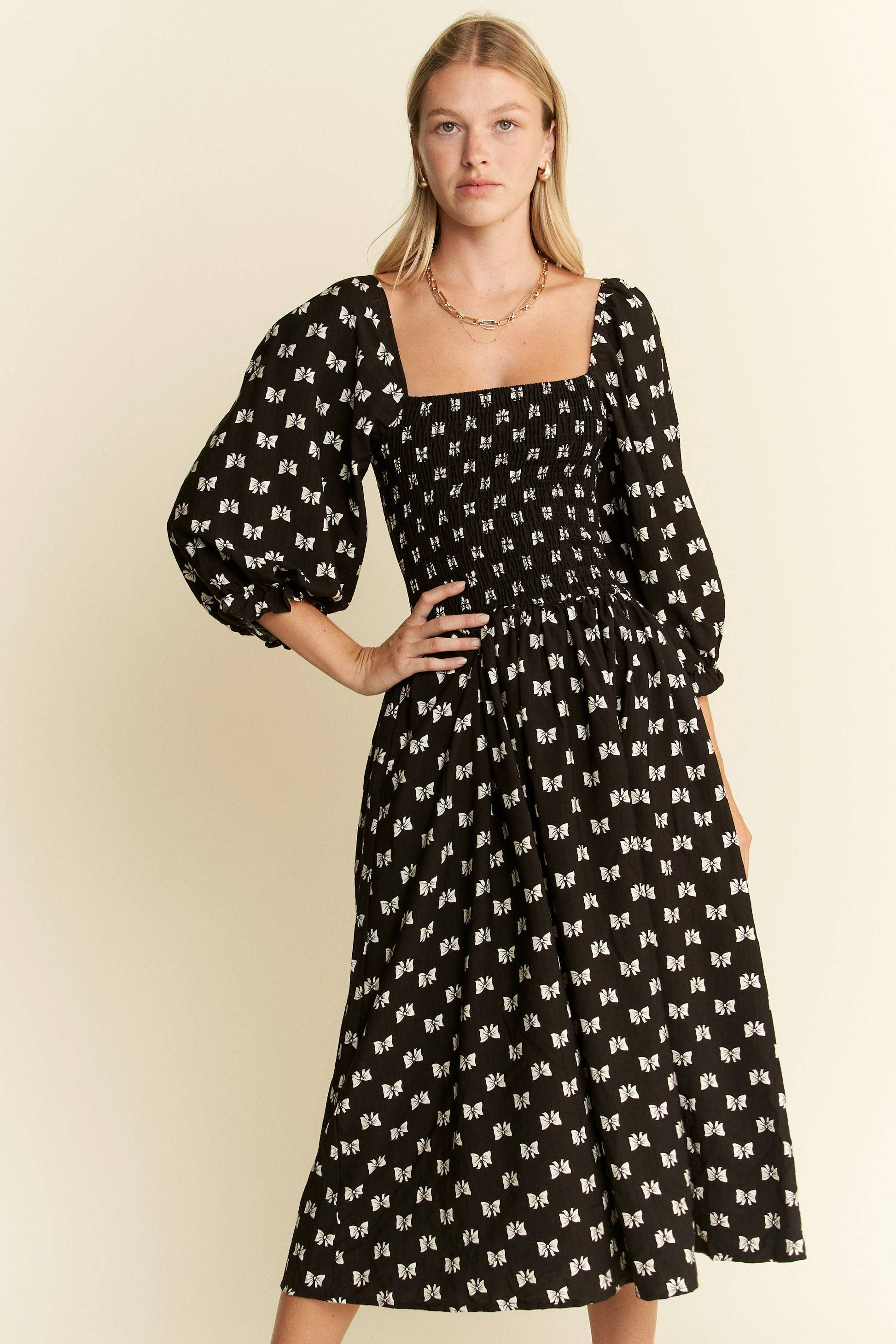 Paloma Ribbon Print Puff Sleeve Midi Dress - Uniquely Claudia Boutique