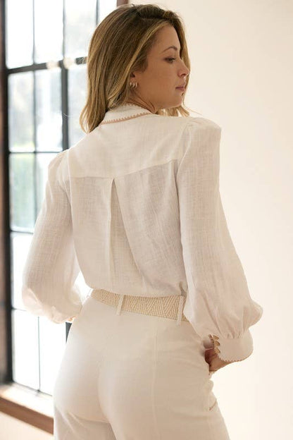 Cherine Embroidered Detail Button Down Linen Blouse With Front Tie