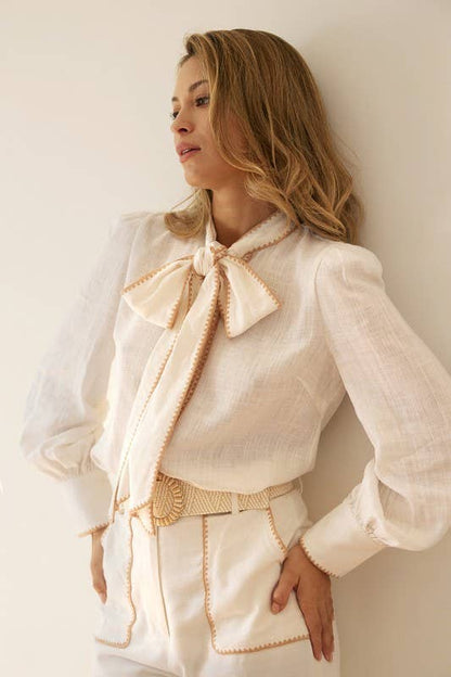 Cherine Embroidered Detail Button Down Linen Blouse With Front Tie