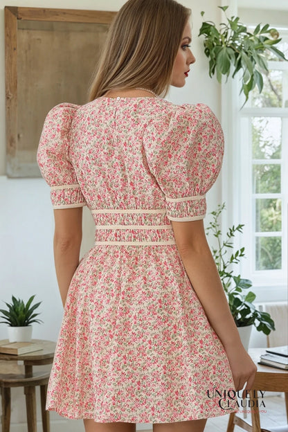 Darleen Velvet Trim Smocking Waist Mini Dress | Uniquely Claudia Boutique