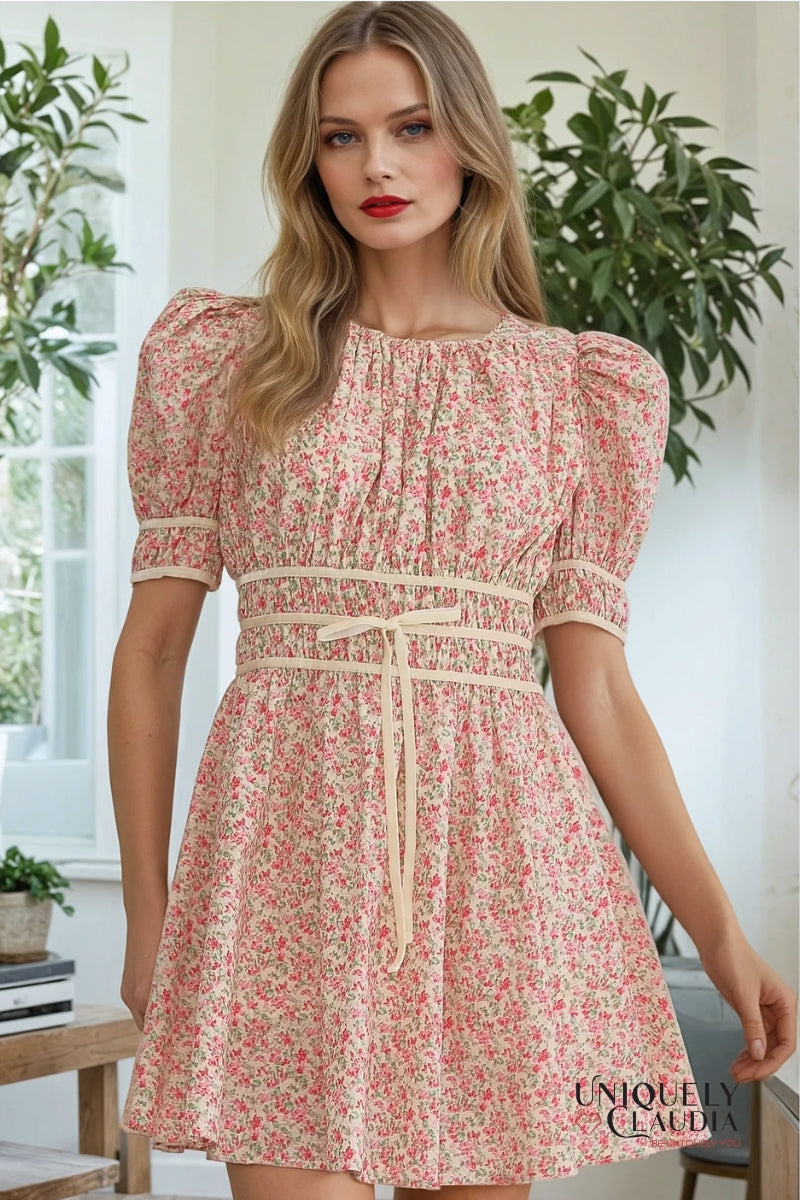 Darleen Velvet Trim Smocking Waist Mini Dress | Uniquely Claudia Boutique