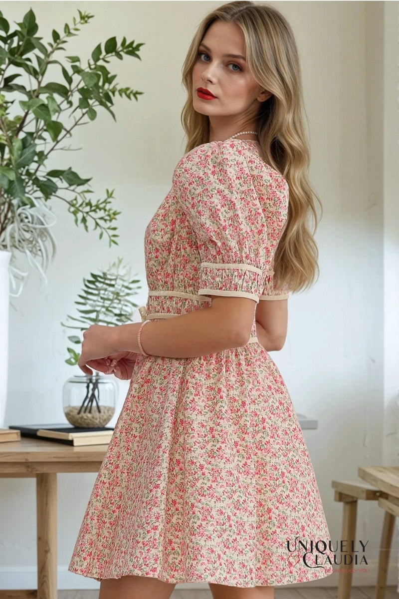 Darleen Velvet Trim Smocking Waist Mini Dress | Uniquely Claudia Boutique
