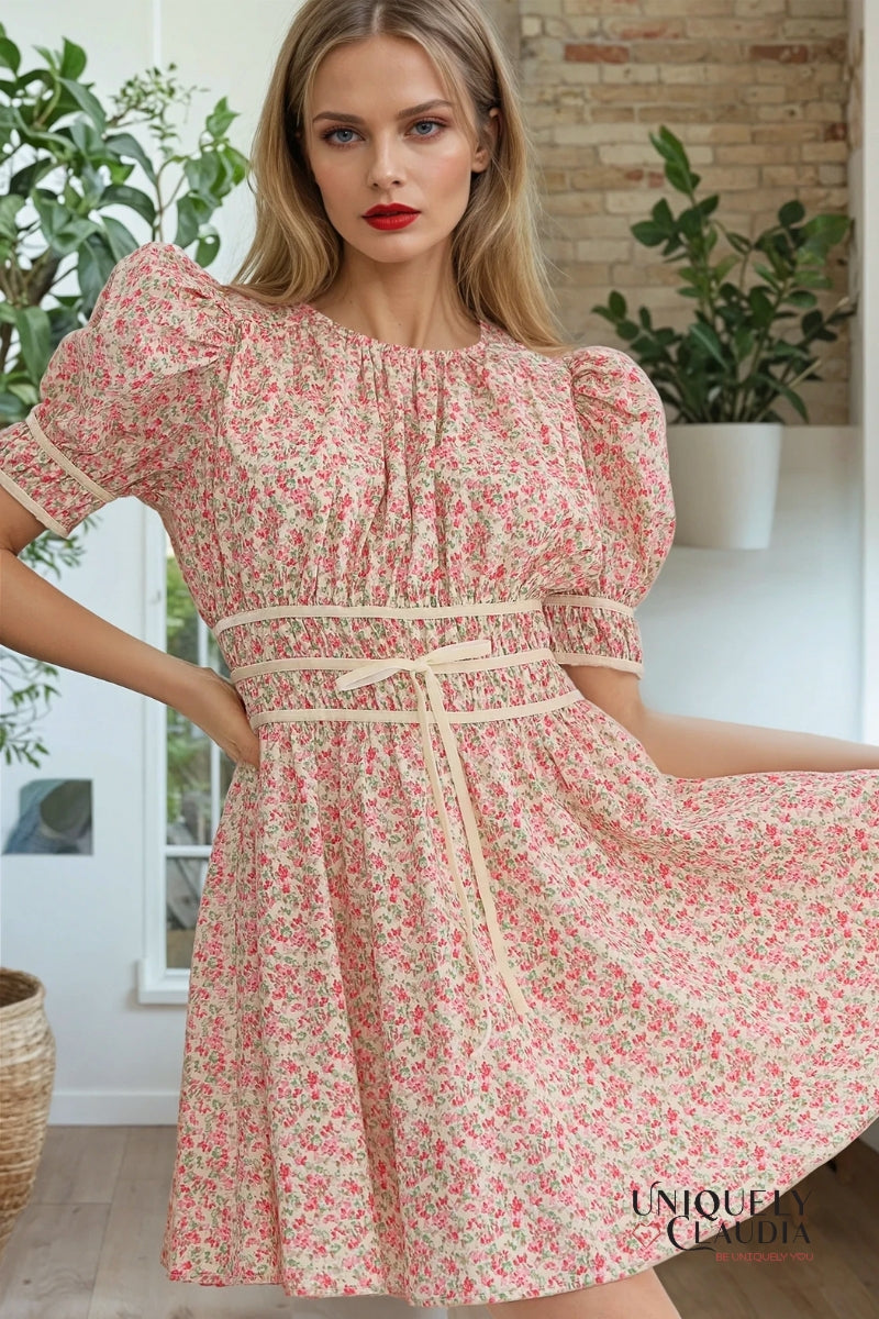 Darleen Velvet Trim Smocking Waist Mini Dress | Uniquely Claudia Boutique