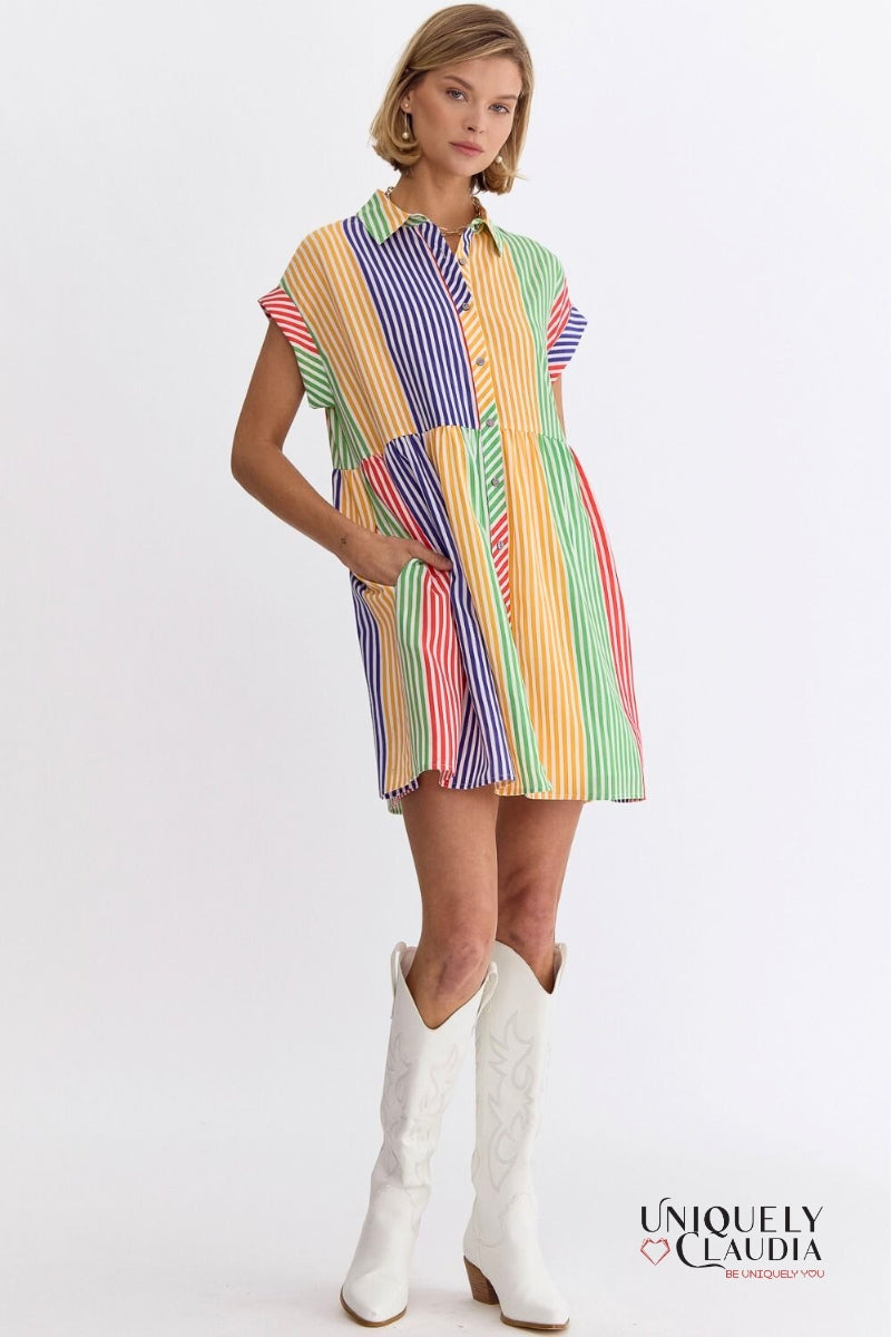 Nikki Multi-Color Stripes Shirt Mini Dress | Uniquely Claudia Boutique