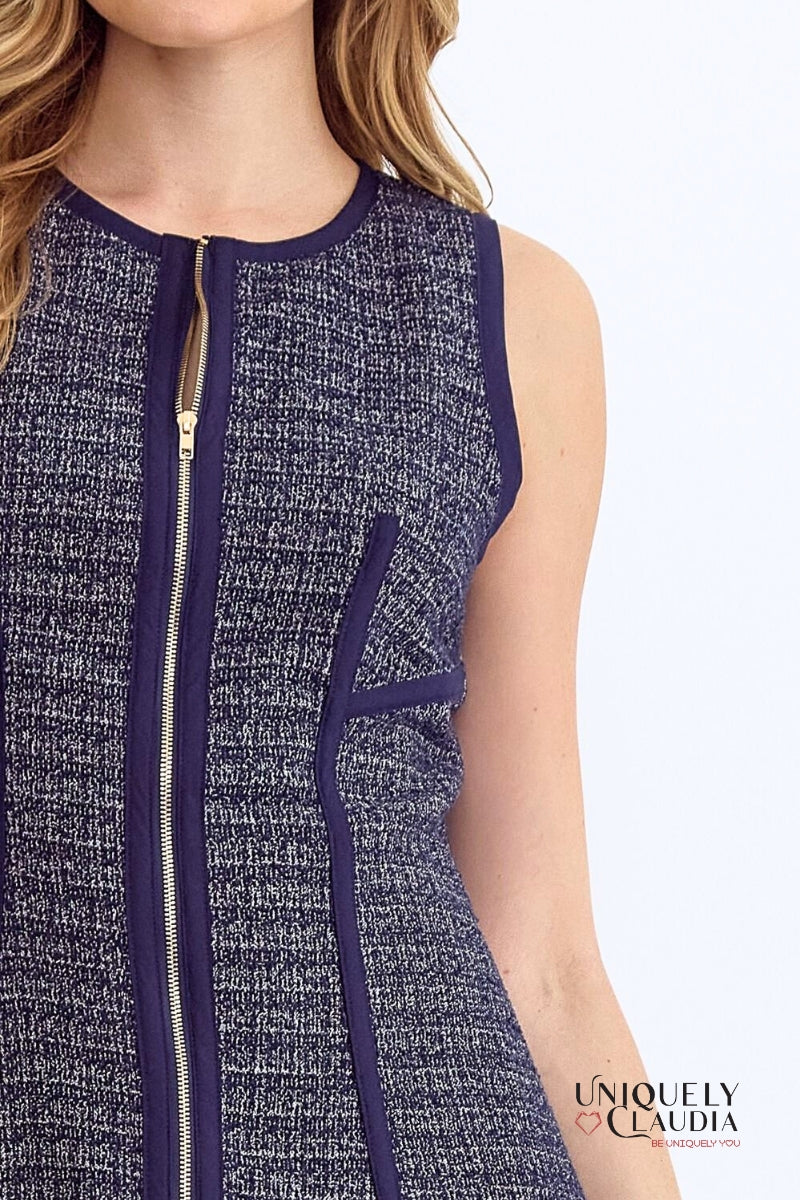 Tracy Piping Detail Front Zipper Tweed Sleeveless Dress | Uniquely Claudia Boutique