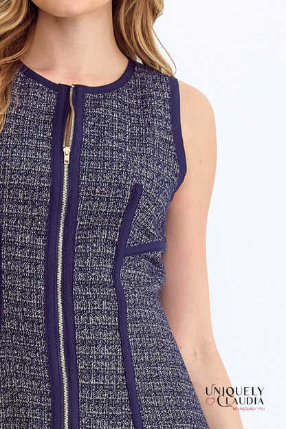 Tracy Piping Detail Front Zipper Tweed Sleeveless Dress | Uniquely Claudia Boutique