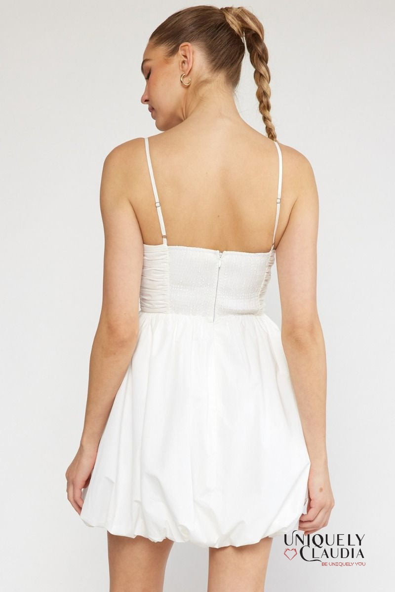 Theresa Spaghetti Strap Ruched Bubble Mini Dress | Uniquely Claudia Boutique