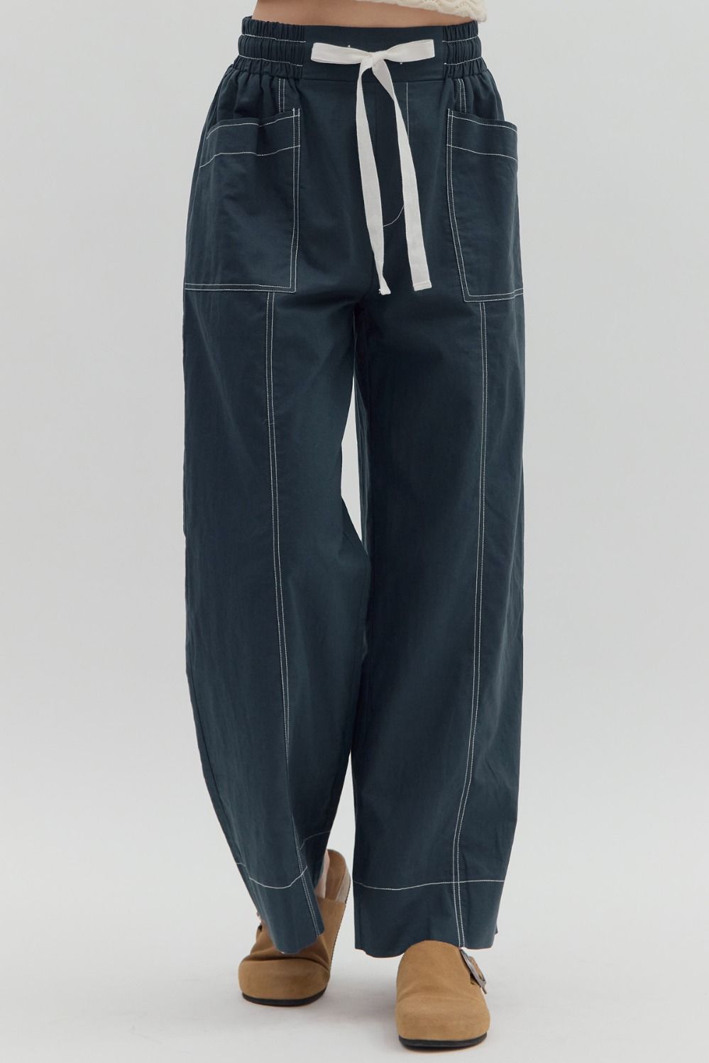 Penelope Navy High-Waist Drawstring Wide-Leg Pants - Uniquely Claudia Boutique