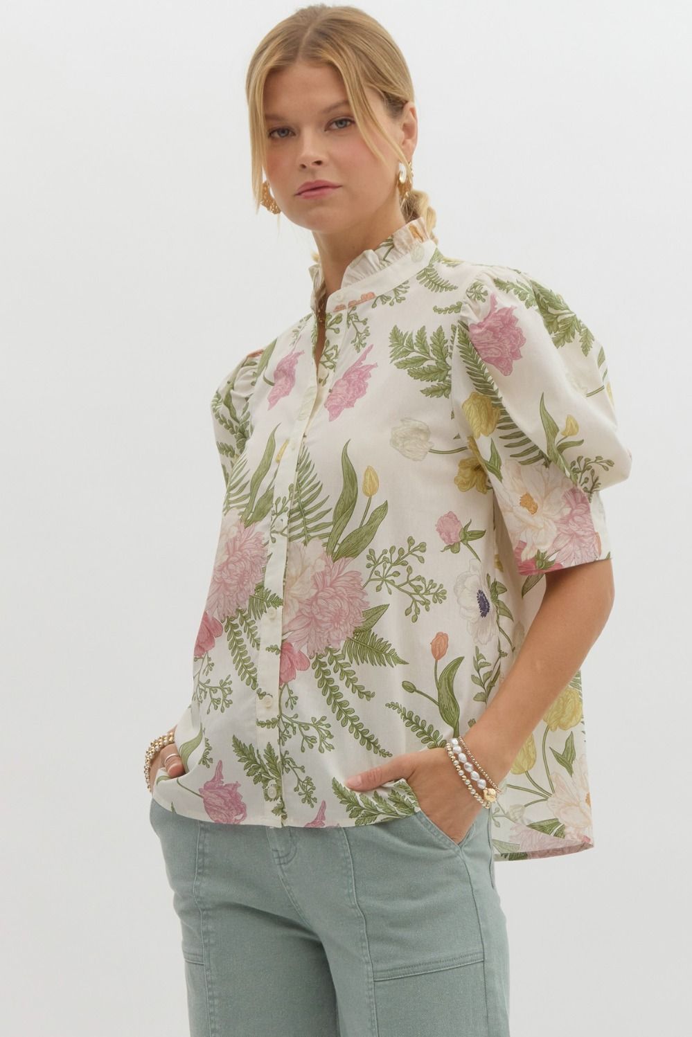 Emilia Floral Print Ruffled Neck Button-Down Blouse