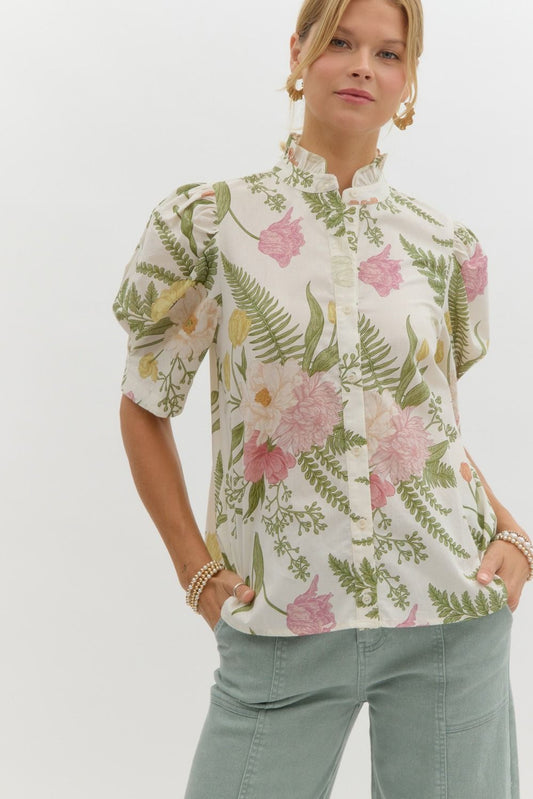 Emilia Floral Print Ruffled Neck Button-Down Blouse