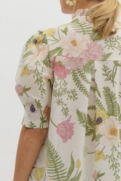 Emilia Floral Print Ruffled Neck Button-Down Blouse