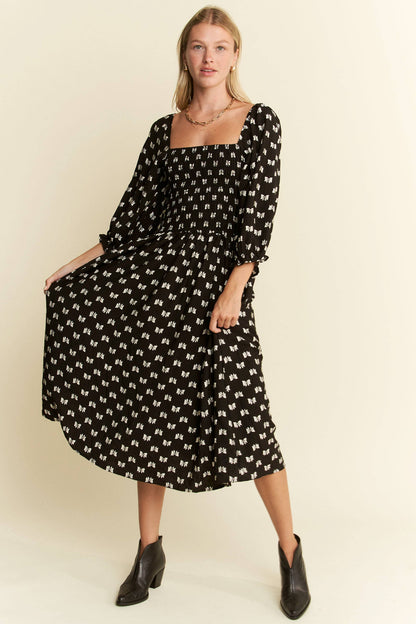Paloma Ribbon Print Puff Sleeve Midi Dress - Uniquely Claudia Boutique