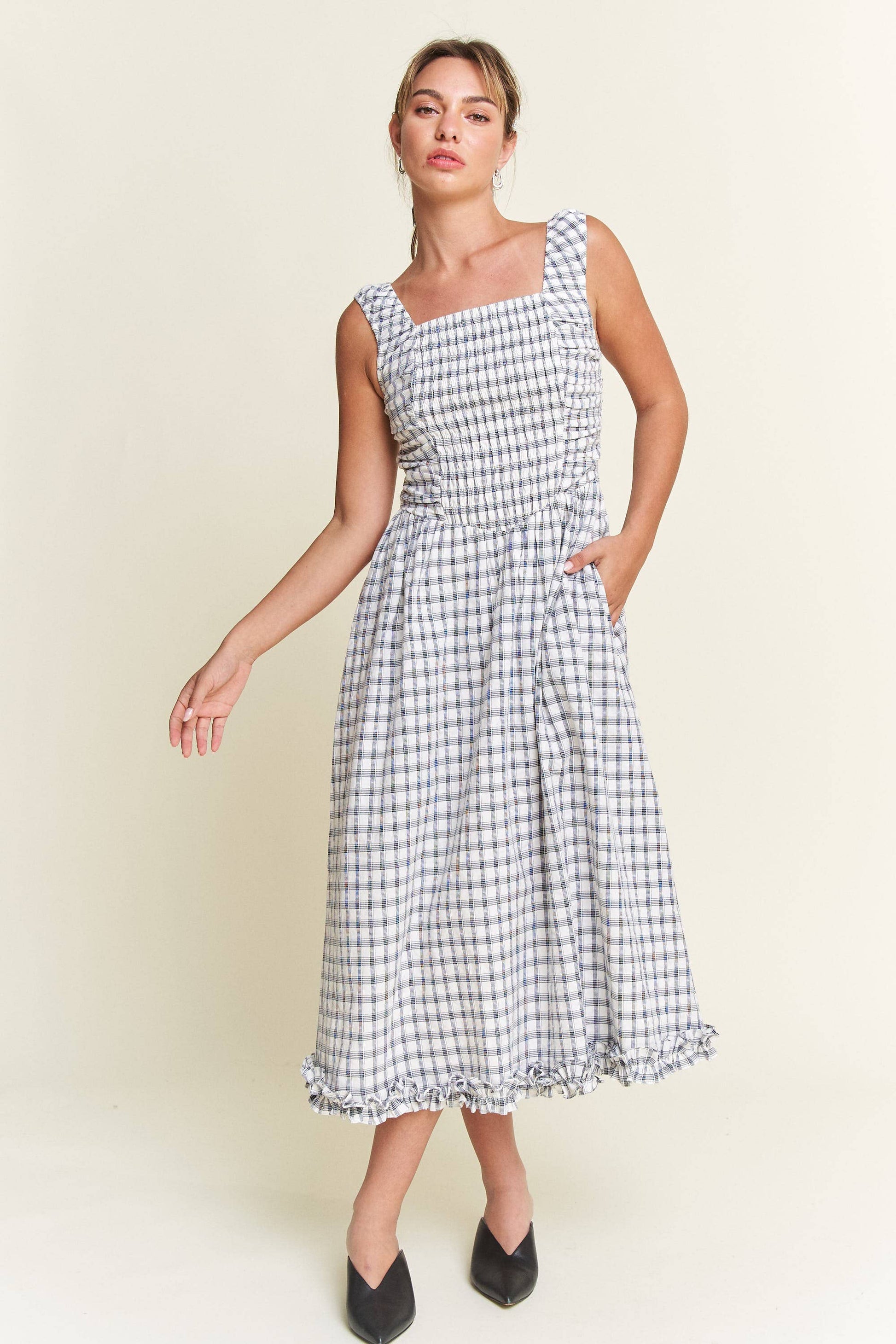 Savannah Checkered Smocked Midi Dress | Uniquely Claudia 