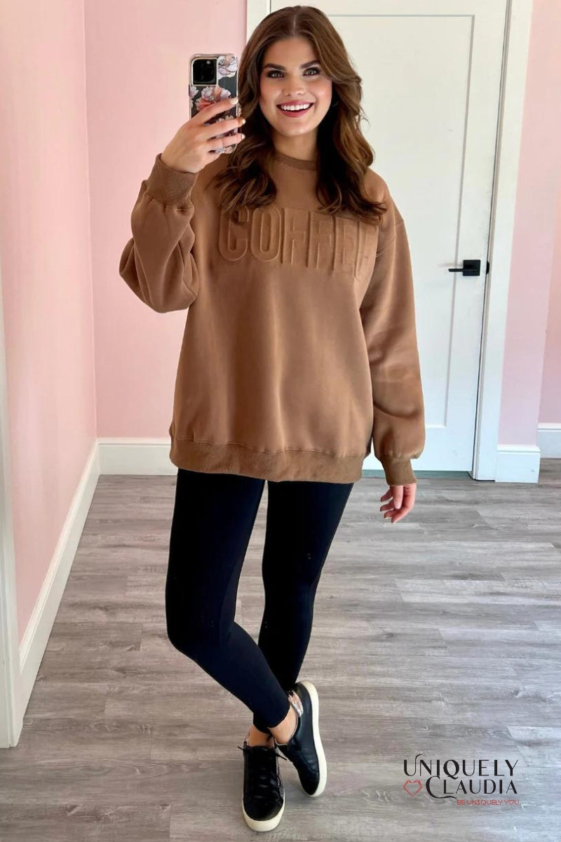 Coffee Embossed Sweatshirt | Uniquely Claudia Boutique 
