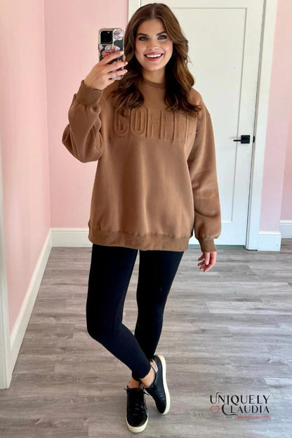 Coffee Embossed Sweatshirt | Uniquely Claudia Boutique 