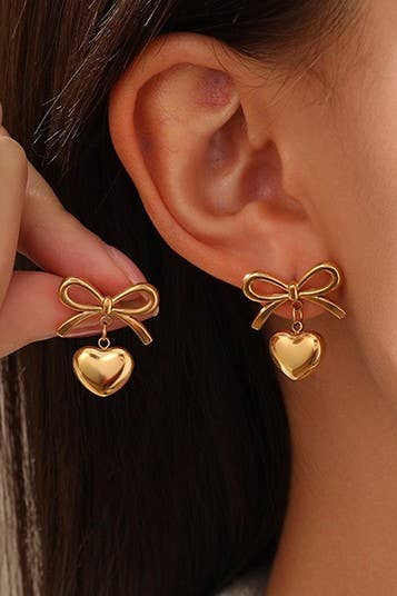 18K Stainless Steel Tarnish-Free Bow Heart Drop Earrings | Uniquely Claudia