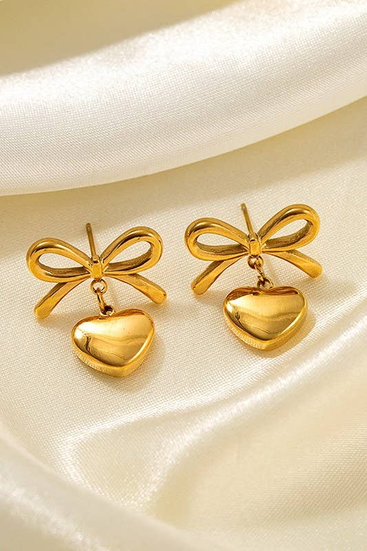 18K Stainless Steel Tarnish-Free Bow Heart Drop Earrings | Uniquely Claudia