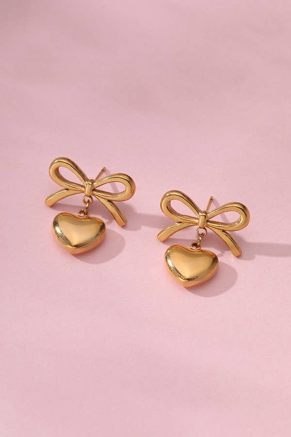 18K Stainless Steel Tarnish-Free Bow Heart Drop Earrings | Uniquely Claudia