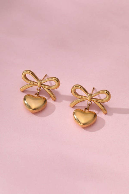 18K Stainless Steel Tarnish-Free Bow Heart Drop Earrings | Uniquely Claudia