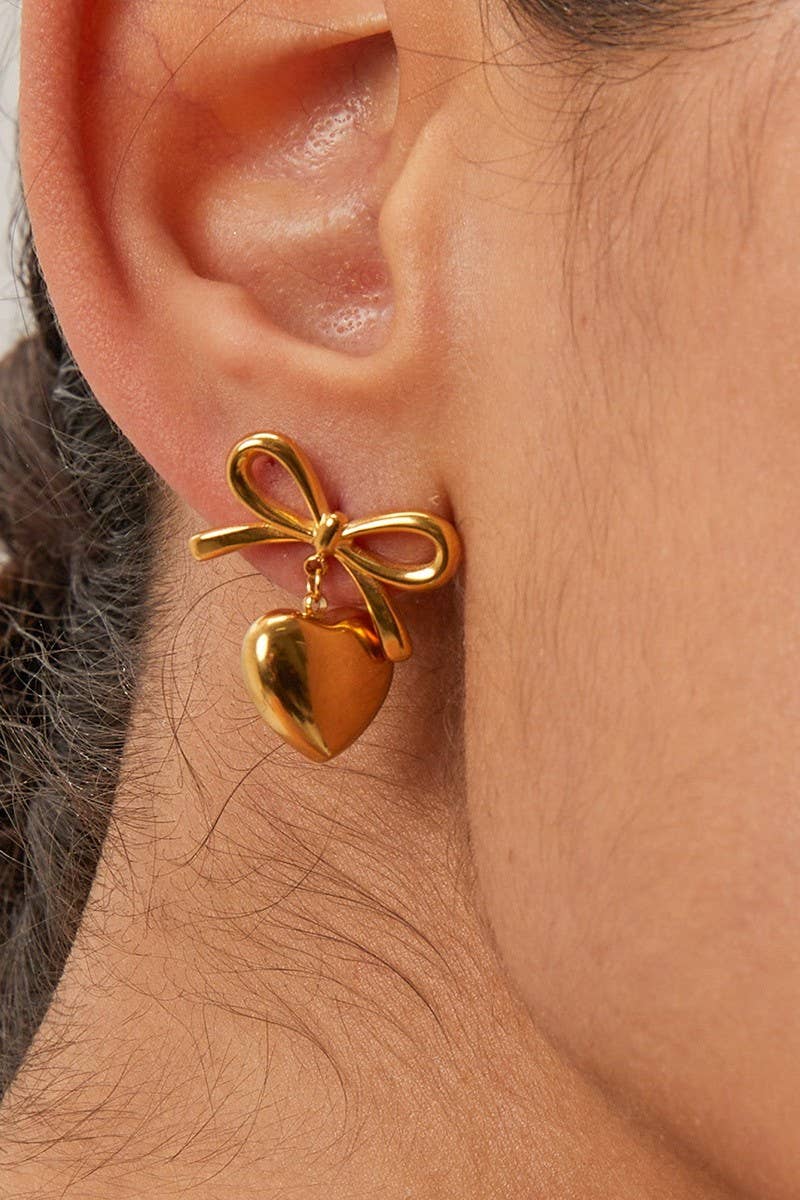 18K Stainless Steel Tarnish-Free Bow Heart Drop Earrings | Uniquely Claudia