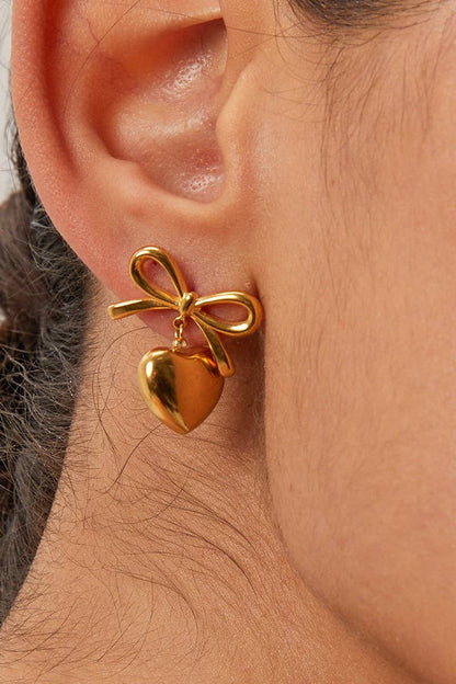 18K Stainless Steel Tarnish-Free Bow Heart Drop Earrings | Uniquely Claudia