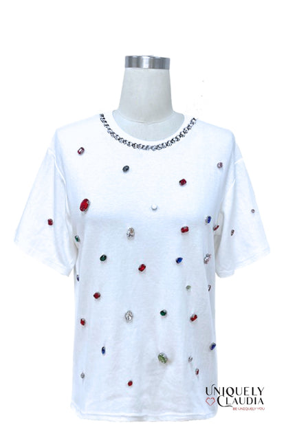 Crown Jewels Embellished Cotton Tee - Uniquely Claudia Boutique