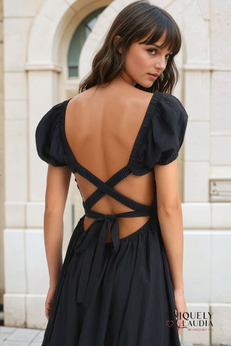 Breanna Puff Sleeve Open Back Maxi Dress | Uniquely Claudia Boutique