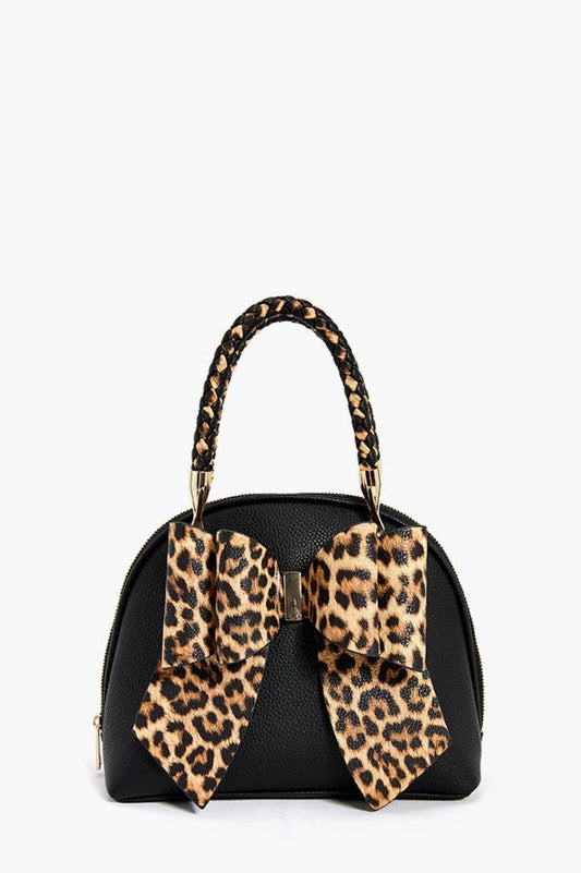 Brenna Leopard Bow & Braided Top Handle Handbag | Uniquely Claudia Boutique
