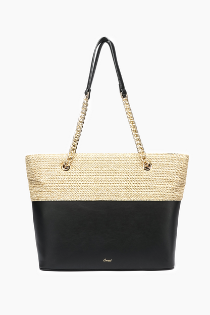Daisy Bowtie Dual Straw Tote Bag: Black | Uniquely Claudia Boutique 