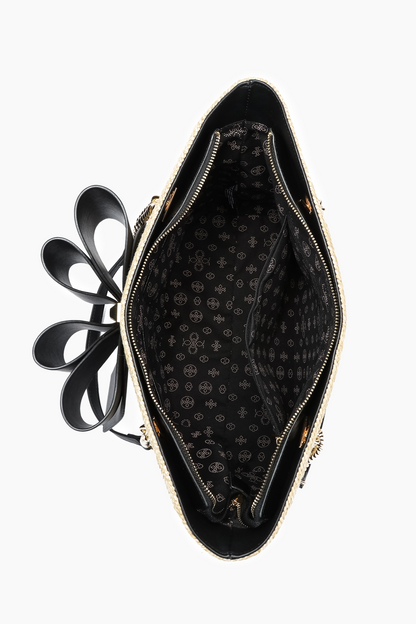 Daisy Bowtie Dual Straw Tote Bag: Black | Uniquely Claudia Boutique 