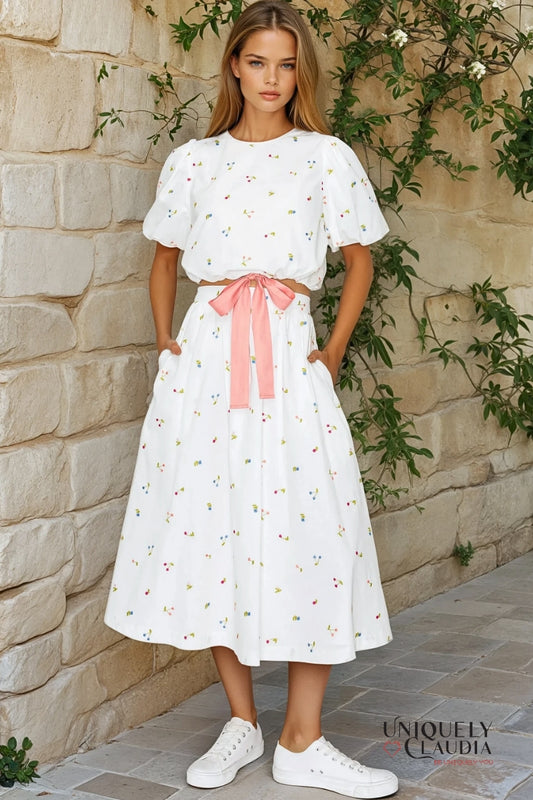Cherry Cherry Crop Top With Bow & Midi Skirt