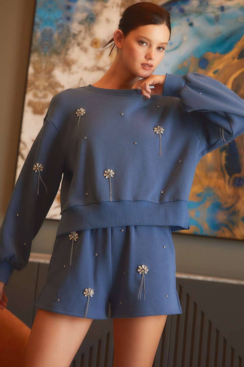 Jaydeen Rhinestone Embellished Sweatshirt Top & Short Set | Uniquely Claudia Boutique