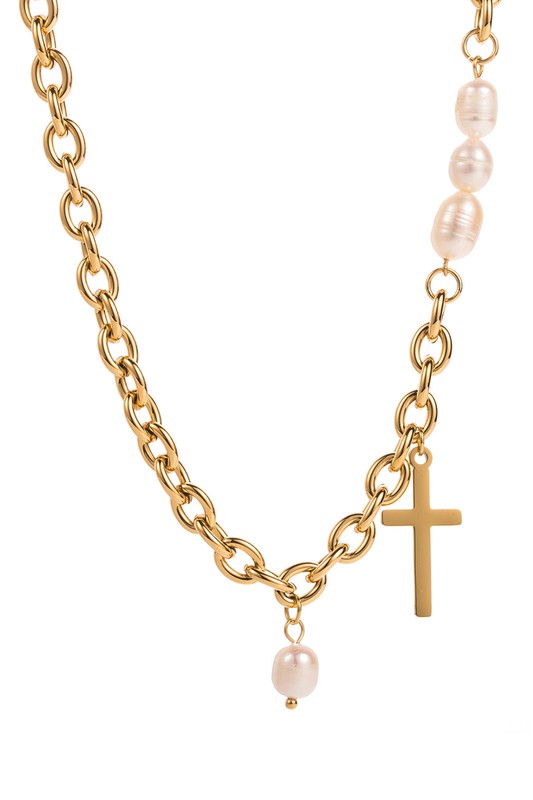 Stainless Steel Pearl & Cross Pendant Necklace - Uniquely Claudia Boutique