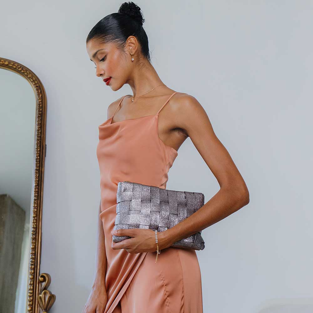 MELIE BIANCO: Mimie Champagne Metallic Recycled Vegan Crossbody Bag - Uniquely Claudia Boutique