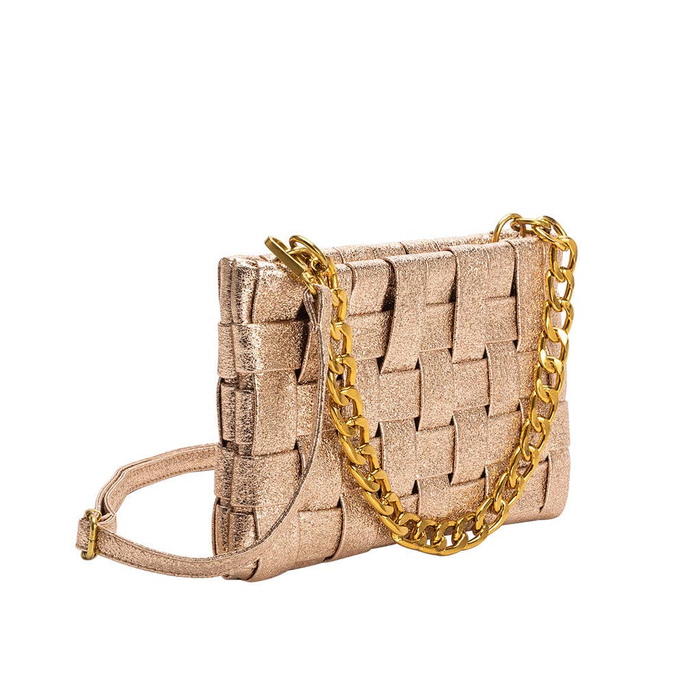 MELIE BIANCO: Mimie Champagne Metallic Recycled Vegan Crossbody Bag | Uniquely Claudia Boutique 