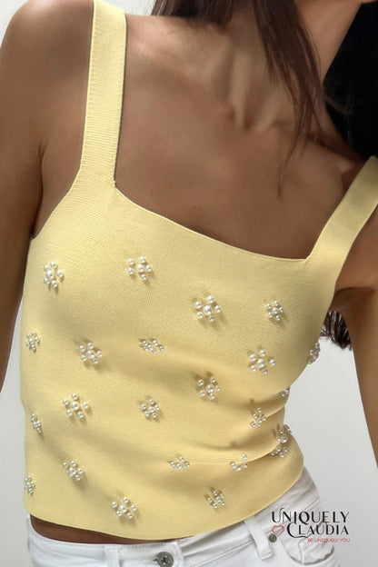 Kinsley Flowers & Pearls Knit Sleeveless Top | Uniquely Claudia Boutique