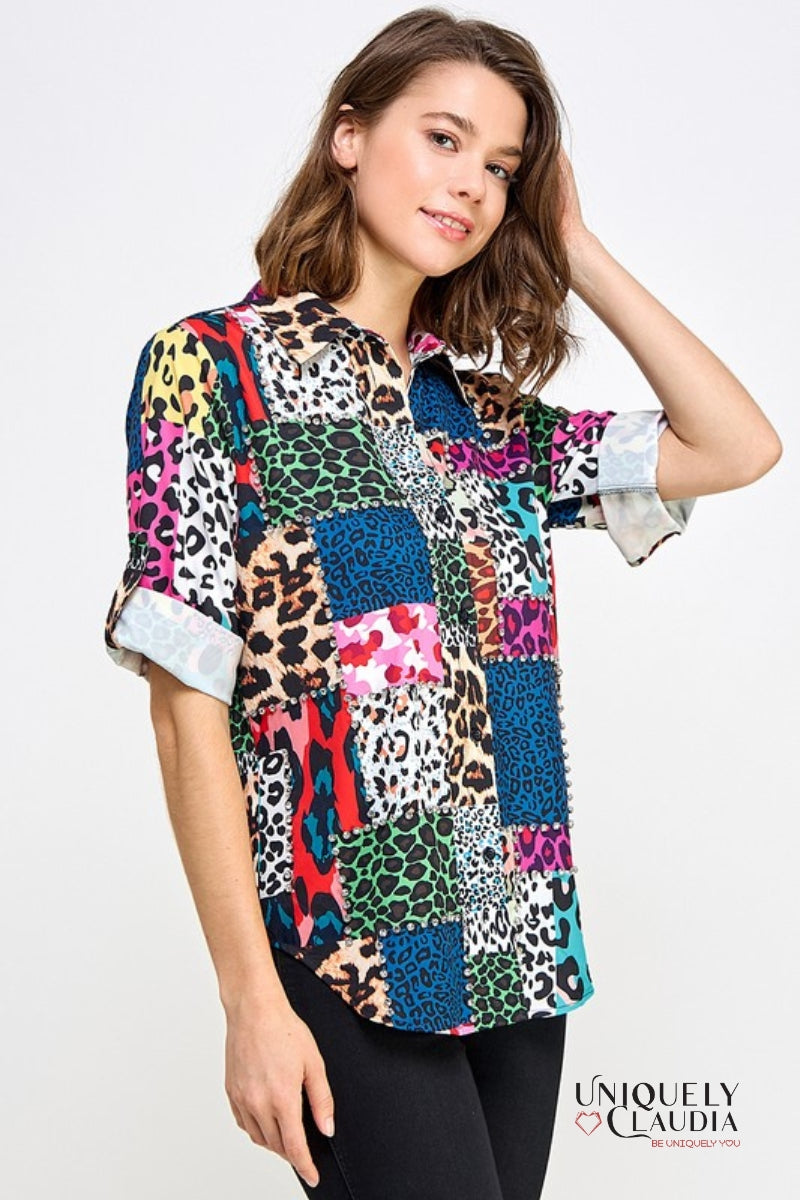 Norma Animal Print Block 3/4 Sleeve Embellished Blouse | Uniquely Claudia Boutique