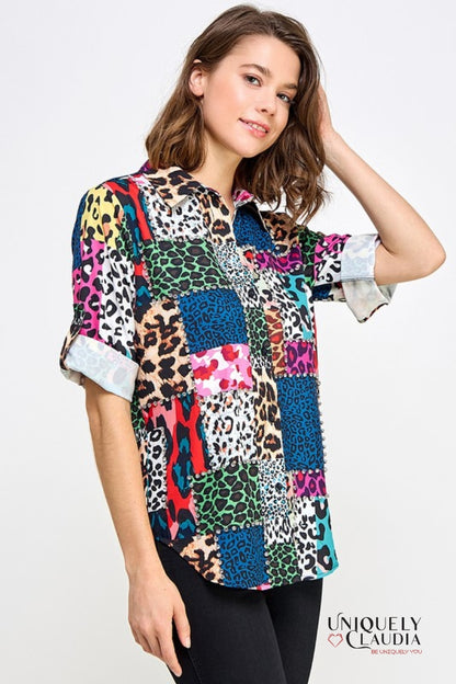 Norma Animal Print Block 3/4 Sleeve Embellished Blouse | Uniquely Claudia Boutique