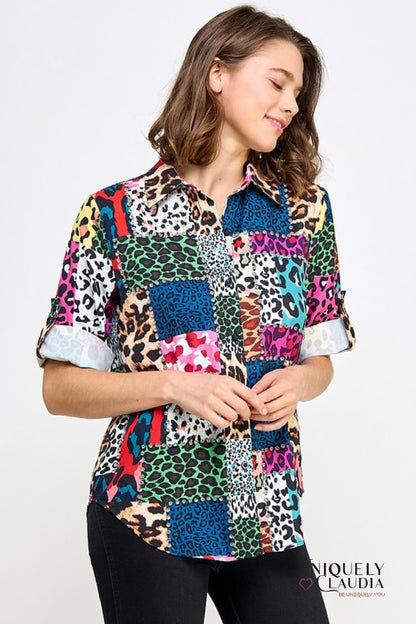 Norma Animal Print Block 3/4 Sleeve Embellished Blouse | Uniquely Claudia Boutique