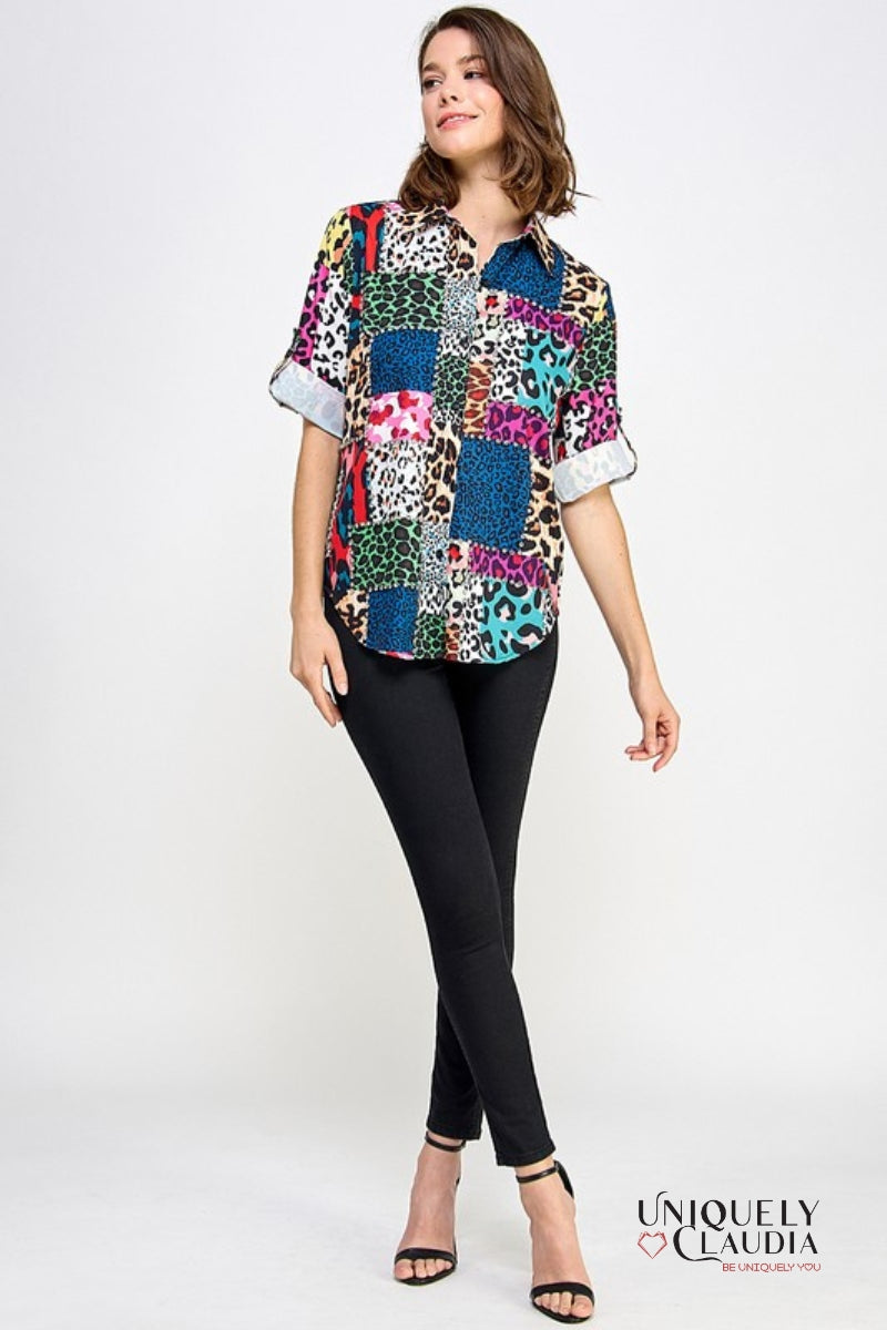Norma Animal Print Block 3/4 Sleeve Embellished Blouse | Uniquely Claudia Boutique