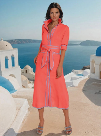 Cailin Color Contrast Long Shirt Midi Dress
