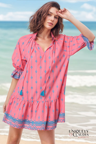 Brielle Embroidered Contrast Pink A-Line Dress - Small / Pink